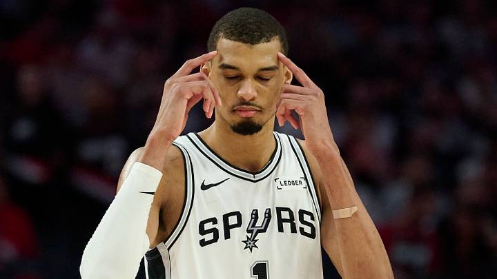 Apr 26, 2026; Portland, Oregon, USA; San Antonio Spurs forward Victor Wembanyama (1) encourages a teammate to be smart during the second half against the Portland Trail Blazers during game four of the first round of the 2026 NBA Playoffs at Moda Center. Mandatory Credit: Troy Wayrynen-Imagn Images