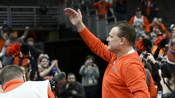 Mar 23, 2024; Omaha, NE, USA; Illinois Fighting Illini head coach Brad Underwood gestures after the game against the Duquesne Dukes in the second round of the 2024 NCAA Tournament at CHI Health Center Omaha. Mandatory Credit: Steven Branscombe-Imagn Images