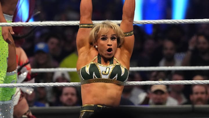 Feb 1, 2025; Indianapolis, IN, USA; Jordynne Grace during the Women’s Royal Rumble match during the WWE Royal Rumble at Lucas Oil Stadium. Mandatory Credit: Joe Camporeale-Imagn Images
