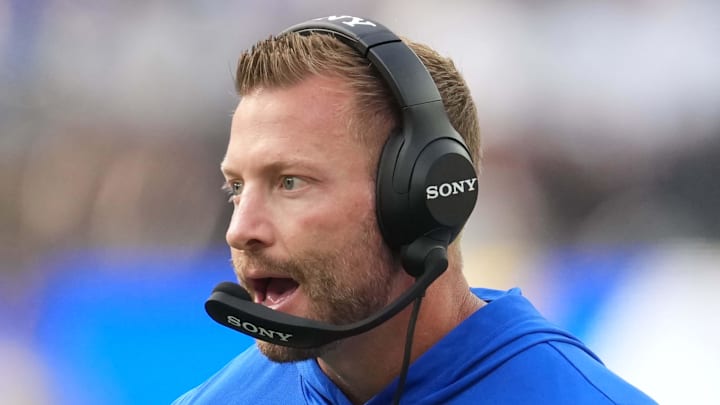 Aug 9, 2025; Inglewood, California, USA; Los Angeles Rams coach Sean McVay reacts against the Dallas Cowboys in the first half at SoFi Stadium. Mandatory Credit: Kirby Lee-Imagn Images
