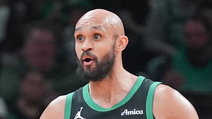 Apr 5, 2026; Boston, Massachusetts, USA; Boston Celtics guard Derrick White (9) reacts to a call on the court during the first half at TD Garden. Mandatory Credit: Gregory Fisher-Imagn Images Apr 5, 2026; Boston, Massachusetts, USA; Boston Celtics guard Derrick White (9) reacts to a call on the court during the first half at TD Garden. Mandatory Credit: Gregory Fisher-Imagn Images