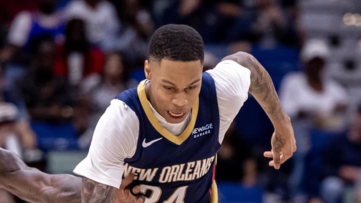 Nov 3, 2024; New Orleans, Louisiana, USA; Atlanta Hawks guard Keaton Wallace (2) reaches to steal the ball from New Orleans Pelicans guard Jordan Hawkins (24) during the second half at Smoothie King Center. Mandatory Credit: Stephen Lew-Imagn Images Nov 3, 2024; New Orleans, Louisiana, USA; Atlanta Hawks guard Keaton Wallace (2) reaches to steal the ball from New Orleans Pelicans guard Jordan Hawkins (24) during the second half at Smoothie King Center. Mandatory Credit: Stephen Lew-Imagn Images
