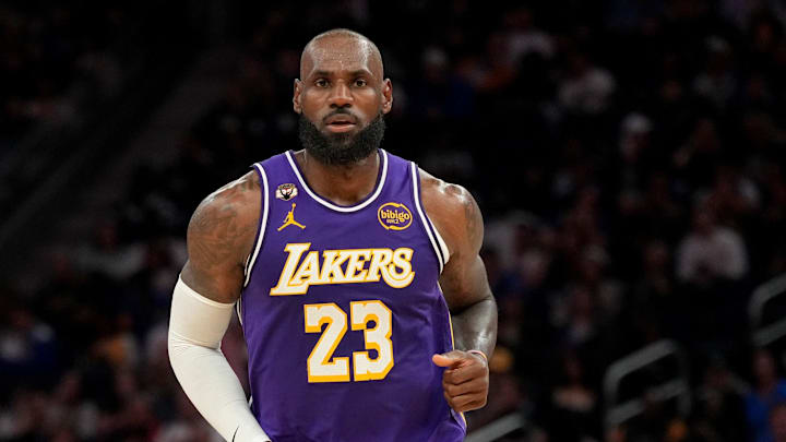 Apr 9, 2026; San Francisco, California, USA; Los Angeles Lakers forward LeBron James (23) runs on the court against the Golden State Warriors in the fourth quarter at the Chase Center. Mandatory Credit: Cary Edmondson-Imagn Images