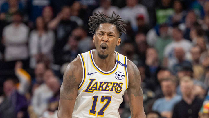 Los Angeles Lakers forward Dorian Finney-Smith celebrates after scoring a three-pointer.