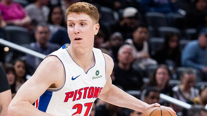 Apr 12, 2026; Indianapolis, Indiana, USA;  Detroit Pistons guard Kevin Huerter (27) dribbles the ball while Indiana Pacers guard Taelon Peter (4) defends in the second half at Gainbridge Fieldhouse. Mandatory Credit: Trevor Ruszkowski-Imagn Images