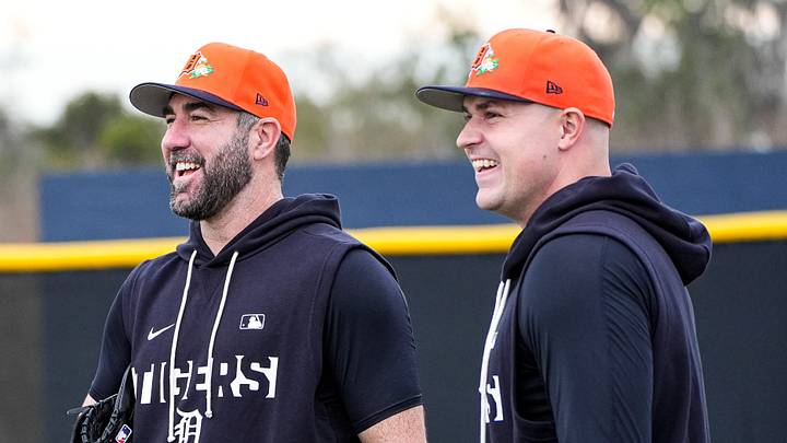 From left, pitcher Jack Flaherty, pitcher Justin Verlander and pitcher Tarik Skubal share a laughter at practice during spring training at TigerTown in Lakeland, Fla. on Wednesday, Feb. 11, 2026. From left, pitcher Jack Flaherty, pitcher Justin Verlander and pitcher Tarik Skubal share a laughter at practice during spring training at TigerTown in Lakeland, Fla. on Wednesday, Feb. 11, 2026.