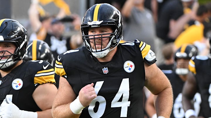 Aug 16, 2025; Pittsburgh, Pennsylvania, USA; Pittsburgh Steelers center Zach Frazier (54) and  guard Max Scharping (64) take the field for a game against the Tampa Bay Buccaneers at Acrisure Stadium. Mandatory Credit: Barry Reeger-Imagn Images
