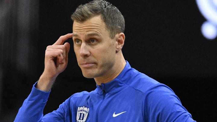 Jan 6, 2026; Louisville, Kentucky, USA;  Duke Blue Devils head coach Jon Scheyer reacts during the second half against the Louisville Cardinals at KFC Yum! Center. Duke defeated Louisville 84-73. Mandatory Credit: Jamie Rhodes-Imagn Images