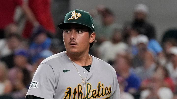 Aug 31, 2026; Arlington, Texas, USA;  Athletics pitcher Gage Jump (61) leaves the field after being relieved during the fifth inning against the Texas Rangers at Globe Life Field. Mandatory Credit: Raymond Carlin III-Imagn Images