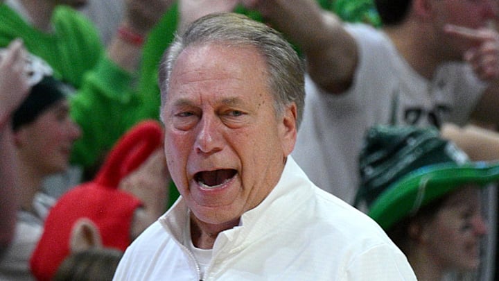 Dec 6, 2025; East Lansing, Michigan, USA;  Michigan State Spartans head coach Tom Izzo stalks the sideline during the second half against the Duke Blue Devils at Jack Breslin Student Events Center. Mandatory Credit: Dale Young-Imagn Images