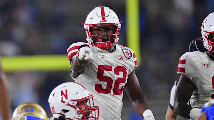 Nebraska linebacker Dylan Rogers points at the UCLA Bruin offense during the second half at the Rose Bowl.
