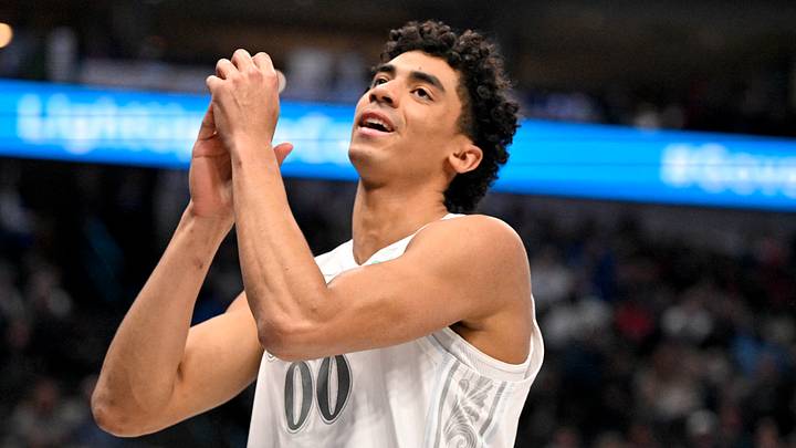 Feb 21, 2025; Dallas, Texas, USA; Dallas Mavericks guard Max Christie (00) reacts to a call during the second quarter against the New Orleans Pelicans at the American Airlines Center. Mandatory Credit: Jerome Miron-Imagn Images
