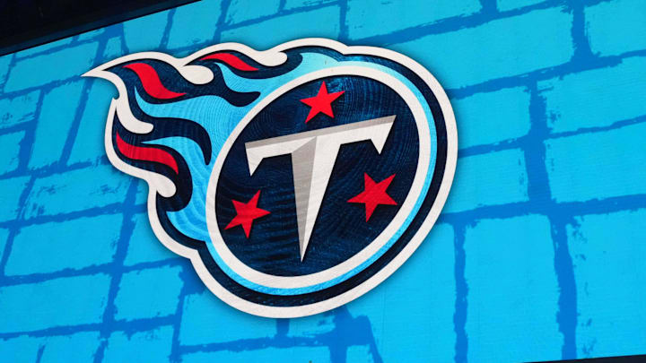 Apr 24, 2025; Green Bay, WI, USA; The Tennessee Titans logo is projected on the video board during the NFL Draft at Lambeau Field. Mandatory Credit: Kirby Lee-Imagn Images