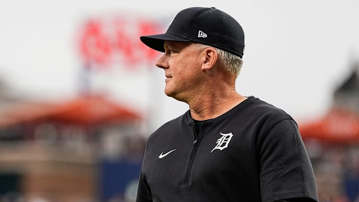 Detroit Tigers manager A.J. Hinch walks off the field after speaking with umpires before a game against the Chicago White Sox at Comerica Park in Detroit on Friday, Sept. 27, 2024.