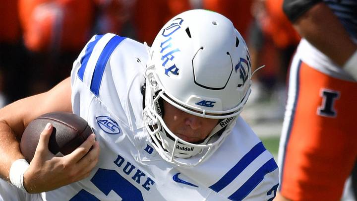 Sep 12, 2026; Champaign, Illinois, USA; Illinois Fighting Illini defensive lineman Pat Farrell (52) brings down Duke Blue Devils quarterback Walker Eget (2) during the first half at Gies Memorial Stadium. Mandatory Credit: Ron Johnson-Imagn Images Sep 12, 2026; Champaign, Illinois, USA; Illinois Fighting Illini defensive lineman Pat Farrell (52) brings down Duke Blue Devils quarterback Walker Eget (2) during the first half at Gies Memorial Stadium. Mandatory Credit: Ron Johnson-Imagn Images