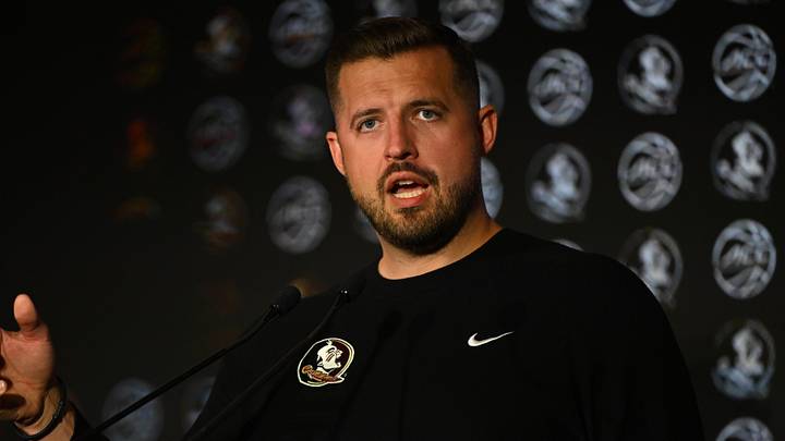 Oct 8, 2025; Charlotte, NC, USA; Florida State head coach Luke Loucks answers questions from the media at The Hilton Charlotte Uptown. Mandatory Credit: William Howard-Imagn Images
