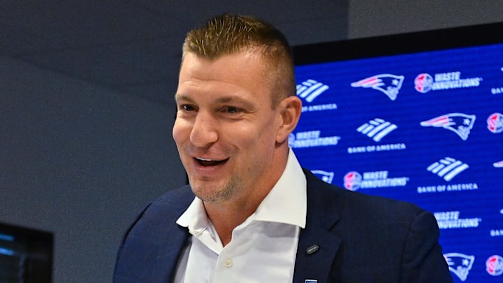 Nov 12, 2025; Foxborough, MA, USA; New England Patriots former player and current Fox Sports football analyst Rob Gronkowski speaks during a press conference where he signed a ceremonial one day contract at Gillette Stadium. Mandatory Credit: Eric Canha-Imagn Images