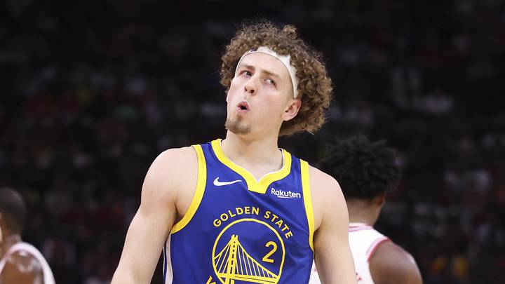 Mar 5, 2026; Houston, Texas, USA; jGolden State Warriors guard Brandin Podziemski (2) reacts after a play during the third quarter against the Houston Rockets at Toyota Center. Mandatory Credit: Troy Taormina-Imagn Images