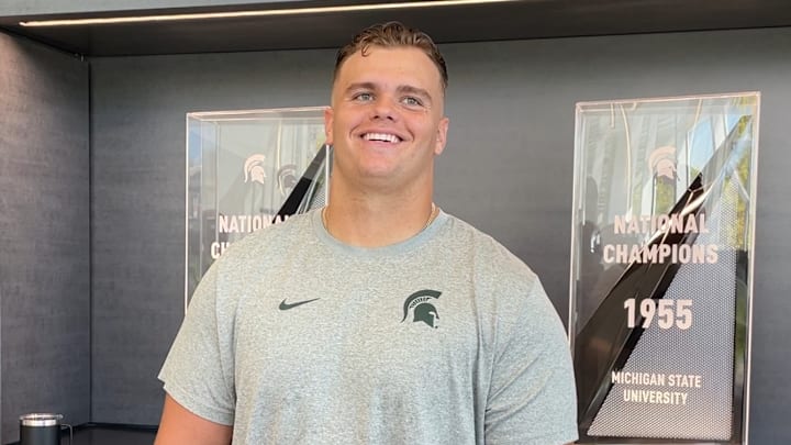 Michigan State defensive tackle Alex VanSumeren speaks to the press about an upcoming game against USC on Sept. 17, 2025.