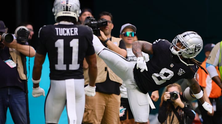 Nov 17, 2024; Miami Gardens, Florida, USA; Las Vegas Raiders running back Ameer Abdullah (8) celebrates after scoring a touchdown against the Miami Dolphins during the fourth quarter at Hard Rock Stadium. Mandatory Credit: Sam Navarro-Imagn Images Nov 17, 2024; Miami Gardens, Florida, USA; Las Vegas Raiders running back Ameer Abdullah (8) celebrates after scoring a touchdown against the Miami Dolphins during the fourth quarter at Hard Rock Stadium. Mandatory Credit: Sam Navarro-Imagn Images