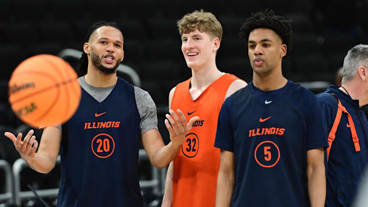 Mar 20, 2025; Milwaukee, WI, USA; Illinois Fighting Illini guard Ty Rodgers (20), guard Kasparas Jakucionis (32) and guard AJ Redd (5) work out during NCAA Tournament First Round Practice at Fiserv Forum. Mandatory Credit: Benny Sieu-Imagn Images