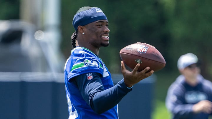 Jun 11, 2025; Renton, WA, USA; Seattle Seahawks quarterback Jalen Milroe (6) is pictured during mini-camp at Virginia Mason Athletic Center.