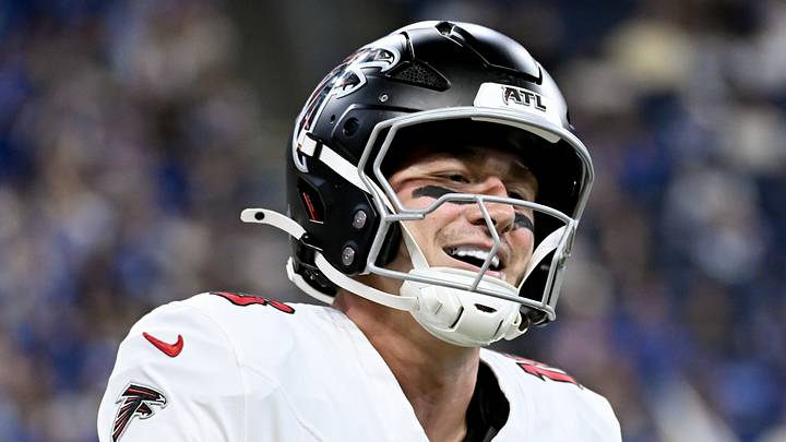 Aug 22, 2026; Indianapolis, Indiana, USA; Atlanta Falcons quarterback Jack Strand (18) celebrates after a touchdown against the Indianapolis Colts during the second half at Lucas Oil Stadium. Mandatory Credit: Robert Goddin-Imagn Images