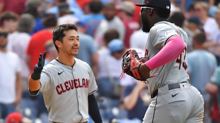 Jul 28, 2024; Philadelphia, Pennsylvania, USA; Cleveland Guardians outfielder Steven Kwan (38) and outfielder Jhonkensy Noel (43) celebrate win  against the Philadelphia Phillies at Citizens Bank Park. Mandatory Credit: Eric Hartline-Imagn Images