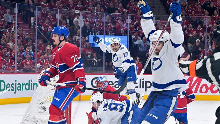May 1, 2026; Montreal, Quebec, CAN; Tampa Bay Lightning forward Gage Goncalves (93) scores the winning goal against Montreal Canadiens goalie Jakub Dobes (75) during the overtime period in game six of the first round of the 2026 Stanley Cup Playoffs at the Bell Centre. Mandatory Credit: Eric Bolte-Imagn Images May 1, 2026; Montreal, Quebec, CAN; Tampa Bay Lightning forward Gage Goncalves (93) scores the winning goal against Montreal Canadiens goalie Jakub Dobes (75) during the overtime period in game six of the first round of the 2026 Stanley Cup Playoffs at the Bell Centre. Mandatory Credit: Eric Bolte-Imagn Images