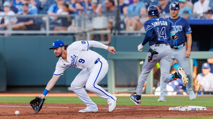 Kansas City first baseman Vinnie Pasquantino (9) reaches for a throw to first base but Tampa Bay's Chandler Simpson is safe. Kansas City first baseman Vinnie Pasquantino (9) reaches for a throw to first base but Tampa Bay's Chandler Simpson is safe.