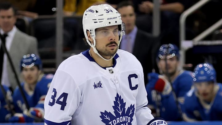 Mar 5, 2026; New York, New York, USA; Toronto Maple Leafs center Auston Matthews (34) skates against the New York Rangers during the first period at Madison Square Garden. Mandatory Credit: Brad Penner-Imagn Images