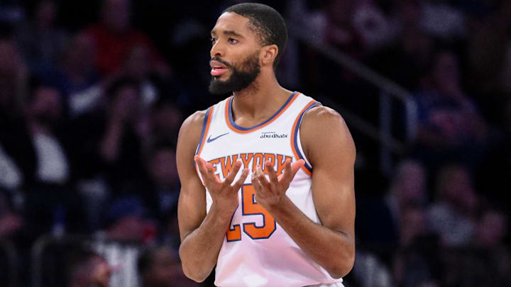Oct 9, 2025; New York, New York, USA; New York Knicks guard/forward Mikal Bridges (25) reacts after scoring a three point basket against the Minnesota Timberwolves during the second half at Madison Square Garden. Mandatory Credit: John Jones-Imagn Images