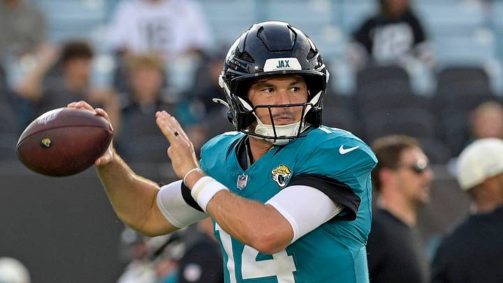 Aug 21, 2026; Jacksonville, Florida, USA;  Jacksonville Jaguars quarterback Nick Mullens (14) warms up before the start of the preseason game against the Carolina Panthers at EverBank Stadium.  Mandatory Credit: Melina Myers-Imagn Images