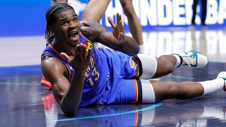 Oct 6, 2026; Tulsa, Oklahoma, USA; Oklahoma City Thunder guard Otega Oweh (13) reacts after a play against the New Orleans Pelicans during the second half at BOK Center. Mandatory Credit: Alonzo Adams-Imagn Images