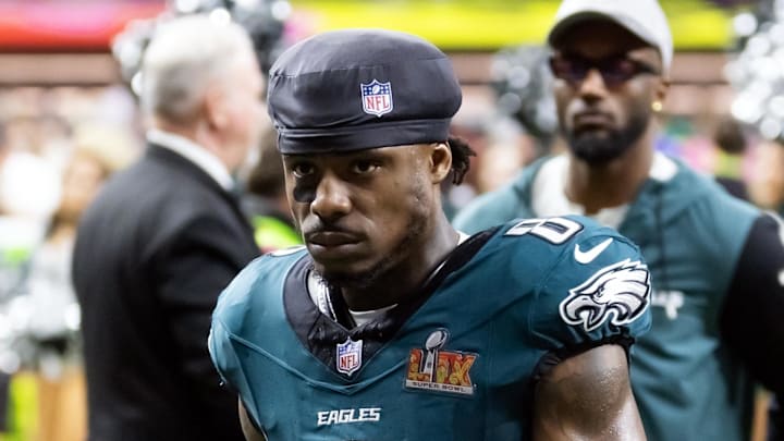 Former Eagles safety C.J. Gardner-Johnson (8) against the Kansas City Chiefs during Super Bowl LIX at Ceasars Superdome Former Eagles safety C.J. Gardner-Johnson (8) against the Kansas City Chiefs during Super Bowl LIX at Ceasars Superdome