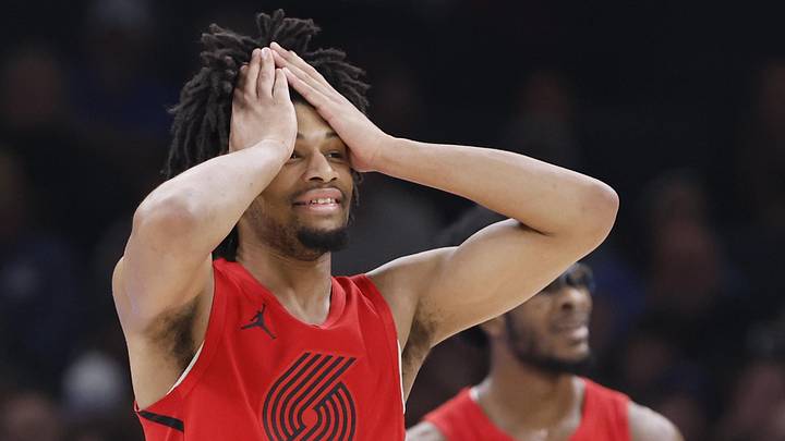 Jan 11, 2024; Oklahoma City, Oklahoma, USA; Portland Trail Blazers guard Shaedon Sharpe (17) reacts after a play against the Oklahoma City Thunder during the second quarter at Paycom Center. Mandatory Credit: Alonzo Adams-Imagn Images