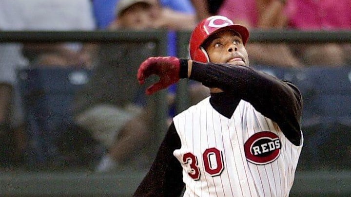 JULY 1, 2001: Ken Griffey, Jr., along with Tigers catcher Robert Fick, watches a huge solo home run fly into the yellow seats in the sixth inning as the Reds ran away with a victory over the Tigers at Cinergy Field.

Title No Title