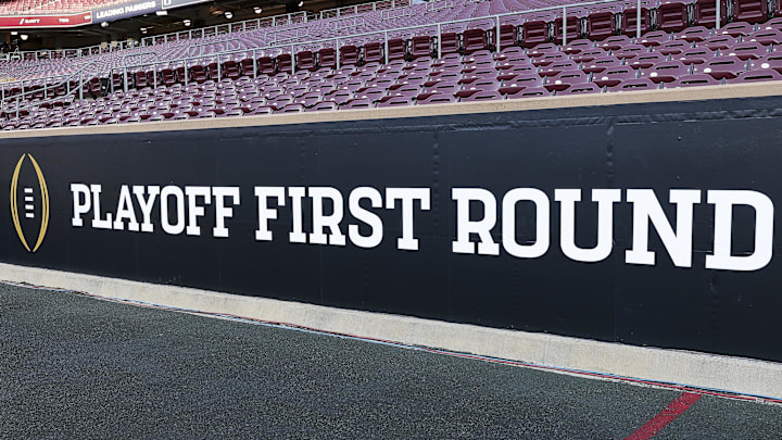 Dec 20, 2025; College Station, TX, USA; A detail view of College Football Playoffs logo on a banner at Kyle Field prior to the game between the Miami Hurricanes and the Texas A&M Aggies. Mandatory Credit: Maria Lysaker-Imagn Images