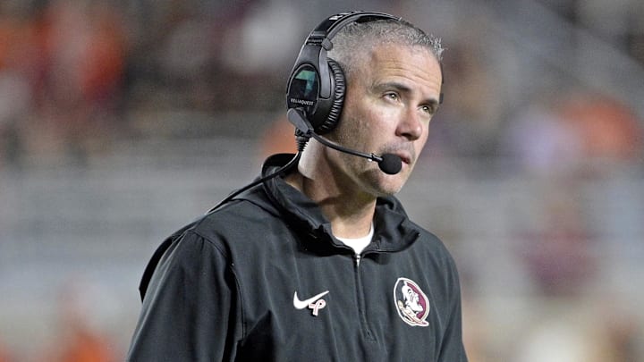 Oct 5, 2024; Tallahassee, Florida, USA; Florida State Seminoles head coach Mike Norvell looks on during the second half against the Clemson Tigers at Doak S. Campbell Stadium. Mandatory Credit: Melina Myers-Imagn Images