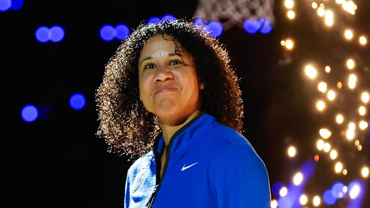 Oct 3, 2025; Durham, NC, USA; Duke Blue Devils head coach Kara Lawson is introduced during player introductions at the Countdown to Craziness at the Cameron Indoor Stadium. Mandatory Credit: Jaylynn Nash-Imagn Images Oct 3, 2025; Durham, NC, USA; Duke Blue Devils head coach Kara Lawson is introduced during player introductions at the Countdown to Craziness at the Cameron Indoor Stadium. Mandatory Credit: Jaylynn Nash-Imagn Images