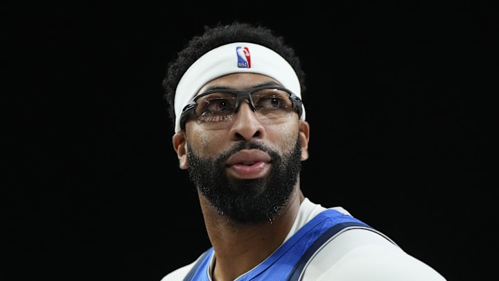 Oct 15, 2025; Las Vegas, Nevada, USA; Dallas Mavericks forward Anthony Davis (3) looks outward during the first half against the Los Angeles Lakers at T-Mobile Arena. Mandatory Credit: Lucas Peltier-Imagn Images