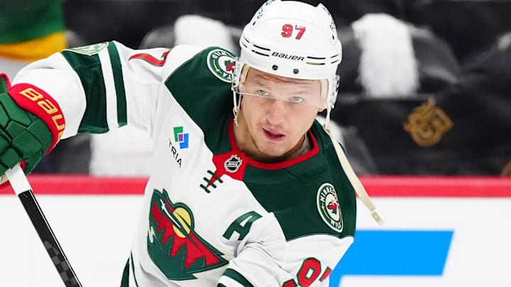 May 5, 2026; Denver, Colorado, USA; Minnesota Wild left wing Kirill Kaprizov (97) warms up of game two of the second round of the 2026 Stanely Cup Playoffs against the Colorado Avalanche at Ball Arena. Mandatory Credit: Ron Chenoy-Imagn Images