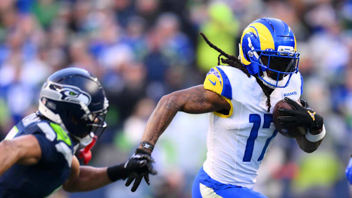 Jan 25, 2026; Seattle, WA, USA; Los Angeles Rams wide receiver Davante Adams (17) runs after a catch against the Seattle Seahawks during the first half in the 2026 NFC Championship Game at Lumen Field. Mandatory Credit: Steven Bisig-Imagn Images Jan 25, 2026; Seattle, WA, USA; Los Angeles Rams wide receiver Davante Adams (17) runs after a catch against the Seattle Seahawks during the first half in the 2026 NFC Championship Game at Lumen Field. Mandatory Credit: Steven Bisig-Imagn Images