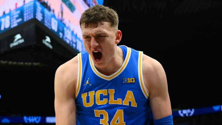 Dec 13, 2025; Seattle, Washington, USA; UCLA Bruins forward Tyler Bilodeau (34) reacts to making a basket against the Gonzaga Bulldogs during the second half at Climate Pledge Arena. Mandatory Credit: Steven Bisig-Imagn Images