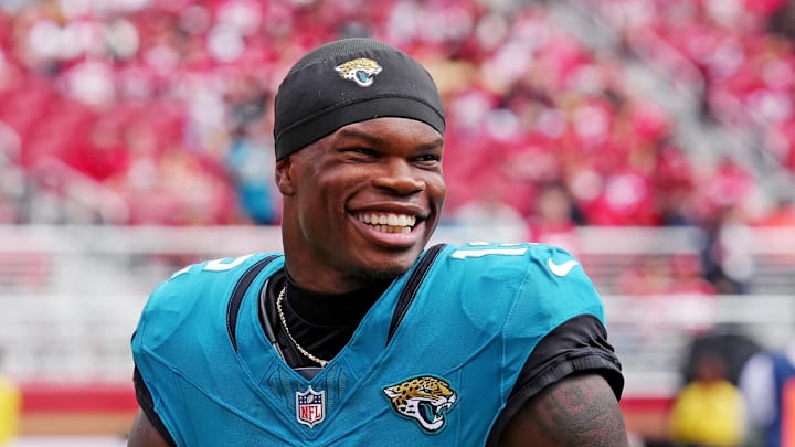Sep 28, 2025; Santa Clara, California, USA; Jacksonville Jaguars wide receiver Travis Hunter (12) reacts after the game against the San Francisco 49ers at Levi's Stadium. Mandatory Credit: Darren Yamashita-Imagn Images