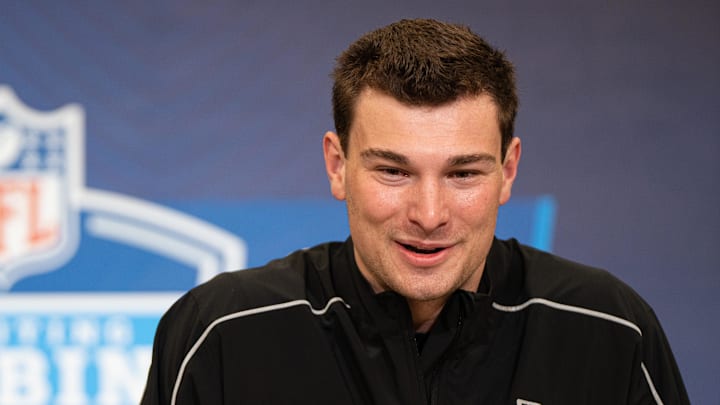 Feb 27, 2026; Indianapolis, IN, USA; Indiana quarterback Fernando Mendoza (QB11) speaks to members of the media during the NFL Combine at the Indiana Convention Center. Mandatory Credit: Jacob Musselman-Imagn Images