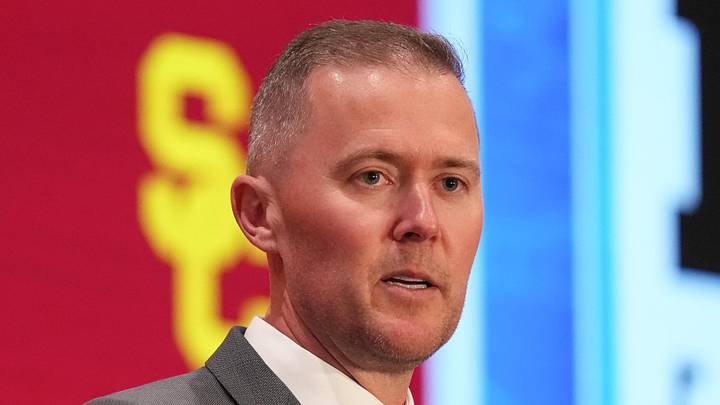 Jul 24, 2025; Las Vegas, NV, USA; USC head coach Lincoln Riley speaks to the media during the Big Ten NCAA college football media days at Mandalay Bay Resort. Mandatory Credit: Lucas Peltier-Imagn Images