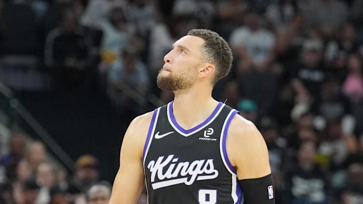 Nov 16, 2025; San Antonio, Texas, USA; Sacramento Kings guard Zach LaVine (8) walks up the court in the first half against the San Antonio Spurs at Frost Bank Center. Nov 16, 2025; San Antonio, Texas, USA; Sacramento Kings guard Zach LaVine (8) walks up the court in the first half against the San Antonio Spurs at Frost Bank Center.