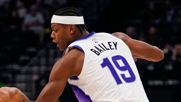 Oct 12, 2026; Salt Lake City, Utah, USA;  San Antonio Spurs guard Ja'Kobi Gillespie (17) drives against Utah Jazz guard Ace Bailey (19) during the first half at Delta Center.  Mandatory Credit: Aaron Baker-Imagn Images
