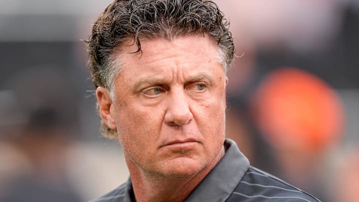 Oklahoma State Head coach Mike Gundy walks on the field before an NCAA football game between Oklahoma State (OSU) and UT Martin in Stillwater, Okla., on Thursday, Aug. 28, 2025.